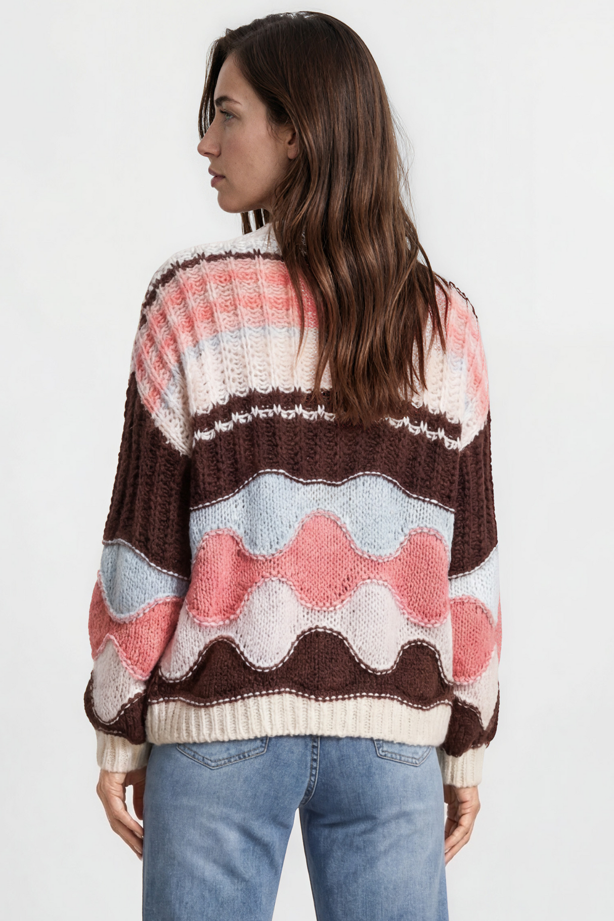 Bellamy Cardigan - Button Front V Neck Multicoloured Stripe Knit in Chocolate/Pink