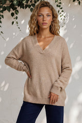Donoven Jumper - V Neck Lightweight Knit with Ribbed Hemlines in Sand
