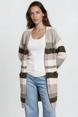 Alfie Cardigan - Open Stripe Knit with Pockets and Rib Knit Trim in Baby Pink/Mocha