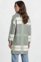 Heath Cardigan - Shawl Collar Open Front Checkered Cardigan in Green/White
