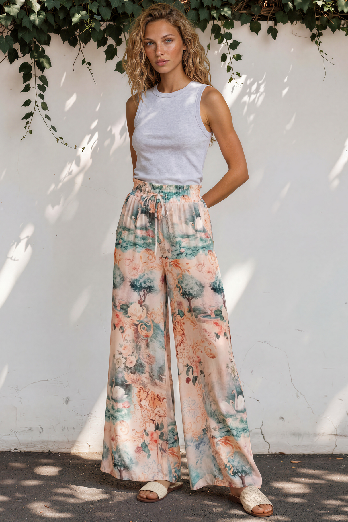 Charli Pants - Paper Bag High Waisted Wide Leg Pants in Swanlea Print