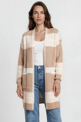 Heath Cardigan - Shawl Collar Open Front Checkered Cardigan in Beige/Camel