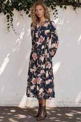 Bonham Maxi Dress - Mandarin Collar Front Button Placket Dress with Belt in Brighton Print