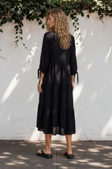 Elisabette Midi Dress - V-Neck Tiered Linen Dress with 3/4 Tie Cuff Sleeves in Black