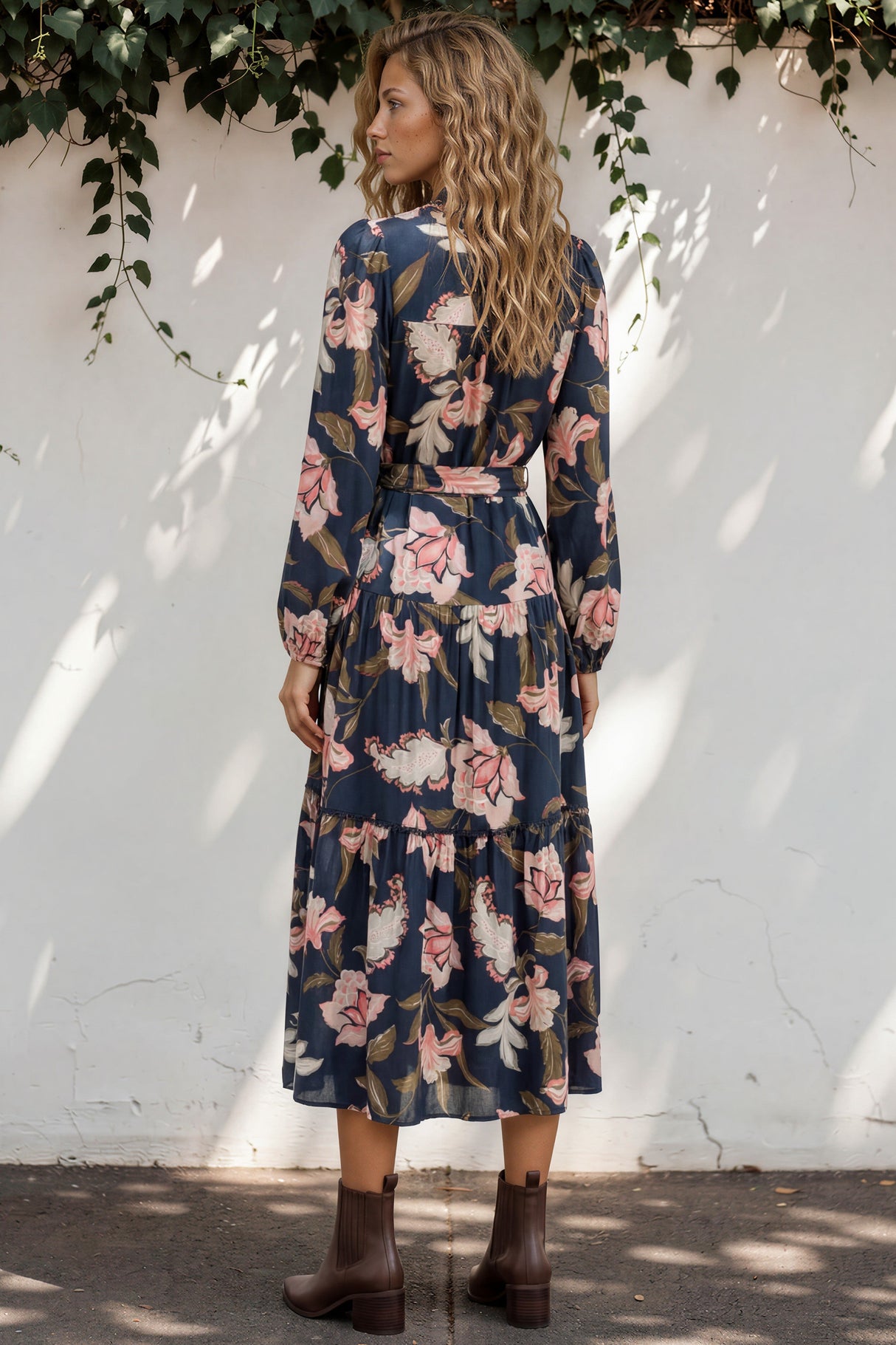 Bonham Maxi Dress - Mandarin Collar Front Button Placket Dress with Belt in Brighton Print