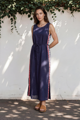 Amali Maxi Dress - Scoop Neck Shift Dress with Waist Tie and Playful Contrast Stripes in Navy