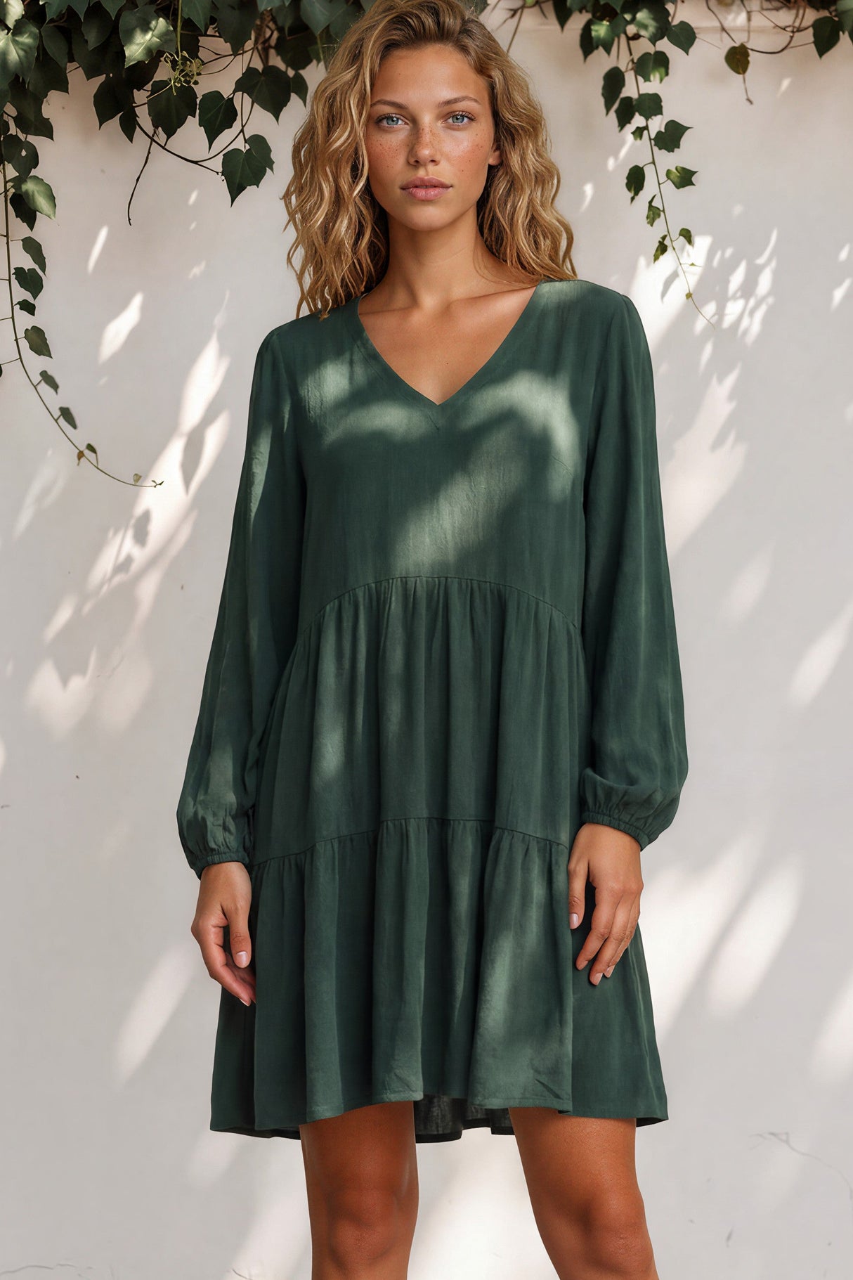 Leah Mini Dress - Soft V Neck Tiered Dress with Long Balloon Sleeves and Pockets in Green