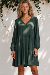 Leah Mini Dress - Soft V Neck Tiered Dress with Long Balloon Sleeves and Pockets in Green