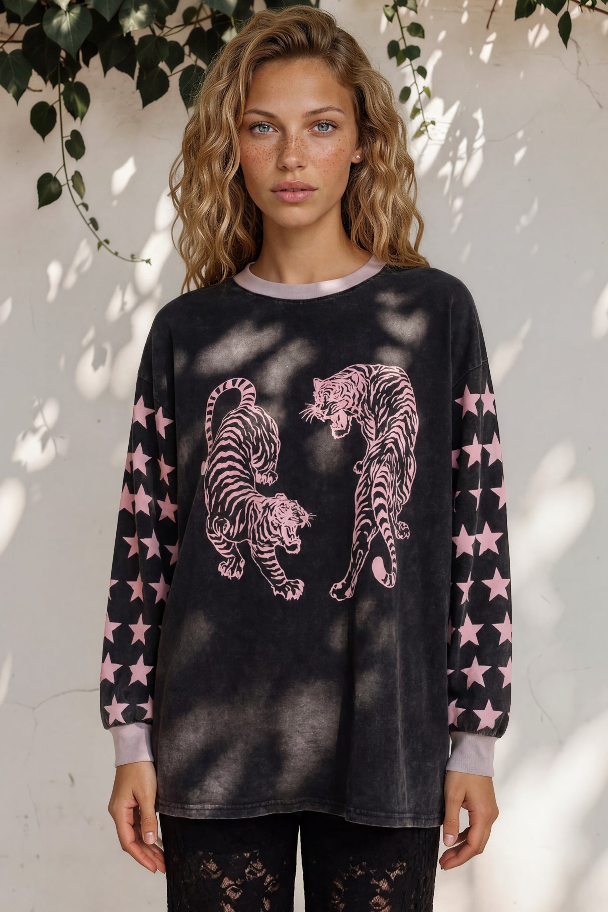 Rival Tiger Long Sleeve Tee - Crew Neck Contrast Stripe Graphic T-Shirt in Black Acid Wash