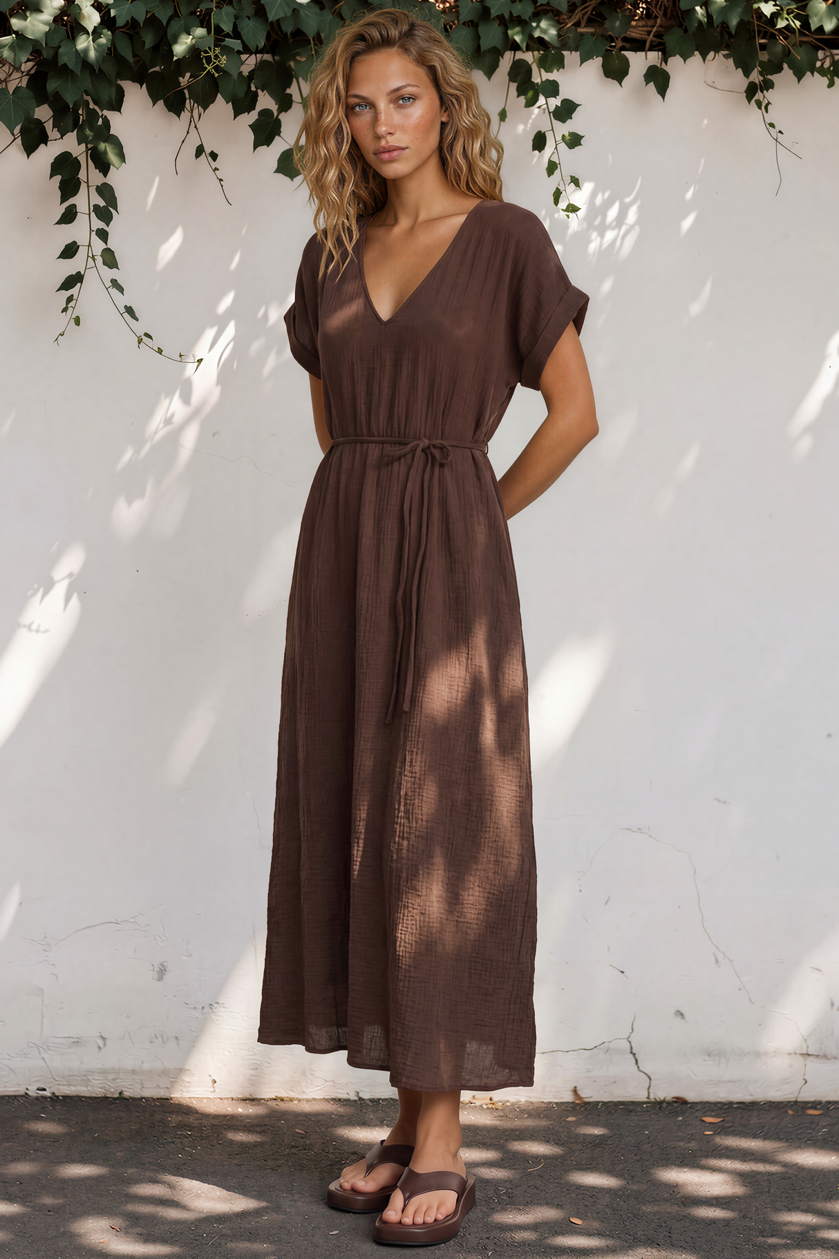 Emelia Maxi Dress - V-Neckline Dress with Short Folded Sleeves in Chocolate