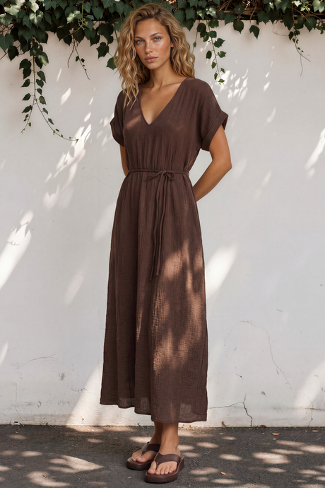 Emelia Maxi Dress - V-Neckline Dress with Short Folded Sleeves in Chocolate