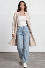 Darlington Cardigan - Ribbed Shawl Collar Checkered Knit with Pockets in Beige