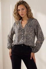 Sergio Blouse - Mandarin Collar Button Down Blouse with Balloon Sleeves in Zebresse Print