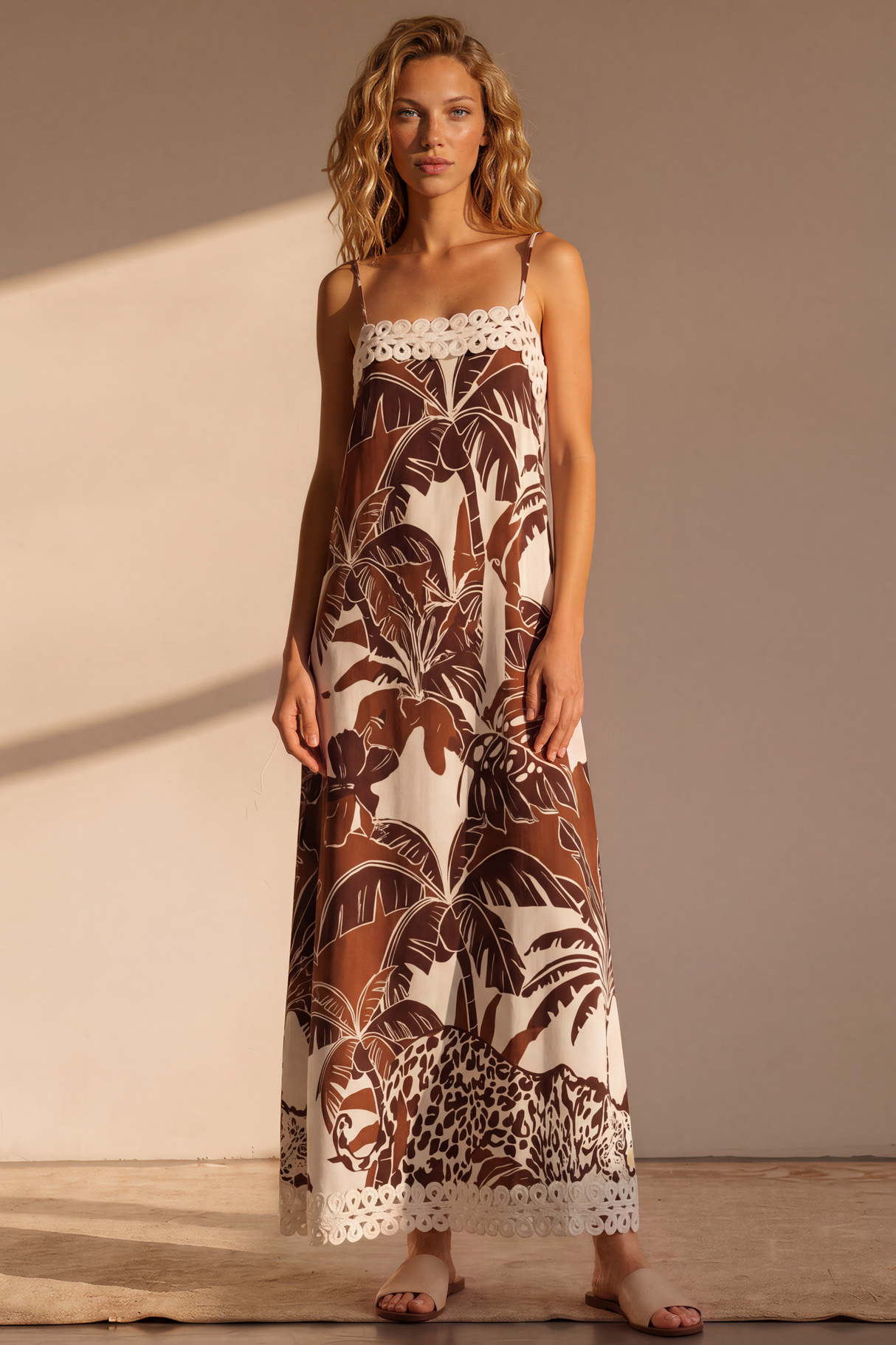 Marcella Maxi Dress - Spaghetti Strap Sun Dress with Lace Trims in Samara Print