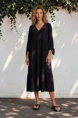 Elisabette Midi Dress - V-Neck Tiered Linen Dress with 3/4 Tie Cuff Sleeves in Black
