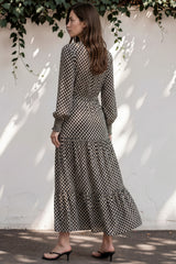 Macey Maxi Dress - V neckline Dress with Long Sleeves Hexy Print Black