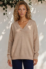 Donoven Jumper - V Neck Lightweight Knit with Ribbed Hemlines in Sand