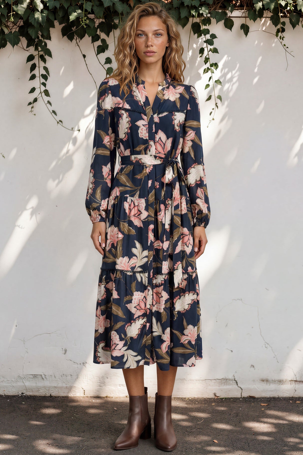 Bonham Maxi Dress - Mandarin Collar Front Button Placket Dress with Belt in Brighton Print