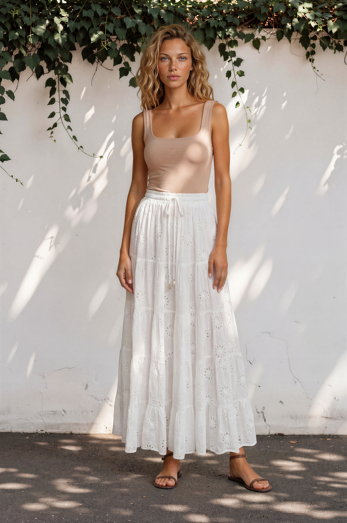 Blanche Maxi Skirt -Hollow out Embroidered Skirt in White