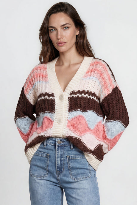 Bellamy Cardigan - Button Front V Neck Multicoloured Stripe Knit in Chocolate/Pink