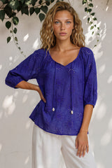 Blanche Blouse - Hollow out Embroidered Top in Royal Blue