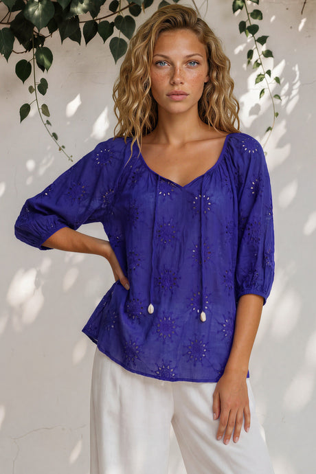 Blanche Blouse - Hollow out Embroidered Top in Royal Blue