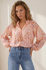 Amalfi Blouse - Frill Collar Button Down with Long Balloon Sleeves in Jolie Print