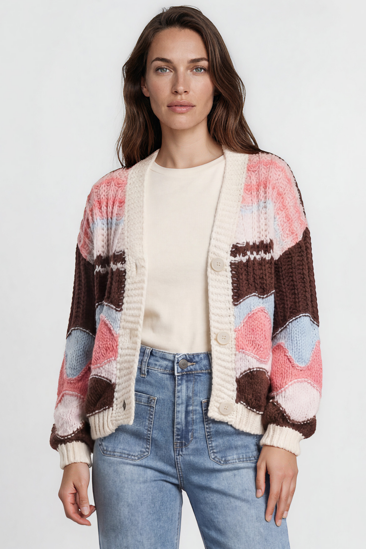 Bellamy Cardigan - Button Front V Neck Multicoloured Stripe Knit in Chocolate/Pink