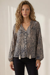 Sergio Blouse - Mandarin Collar Button Down Blouse with Balloon Sleeves in Zebresse Print