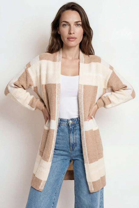 Heath Cardigan - Shawl Collar Open Front Checkered Cardigan in Beige/Camel
