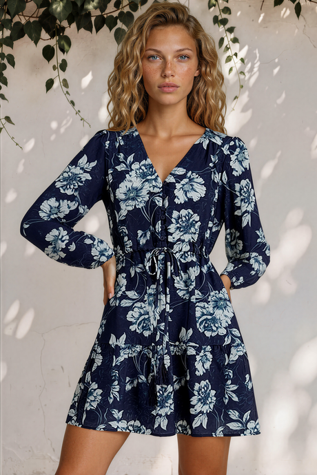 Villia Mini Dress - V Neck Buttoned Bodice Dress with Pull Tie Waist and Pockets in Minka Print Navy