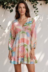 Annika Mini Dress - V-Neck Empire Line Dress with Balloon Sleeves in Avalon Print