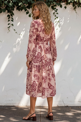 Katie Midi Dress - V-Neckline Dress with Long Sleeves in Elisha Print