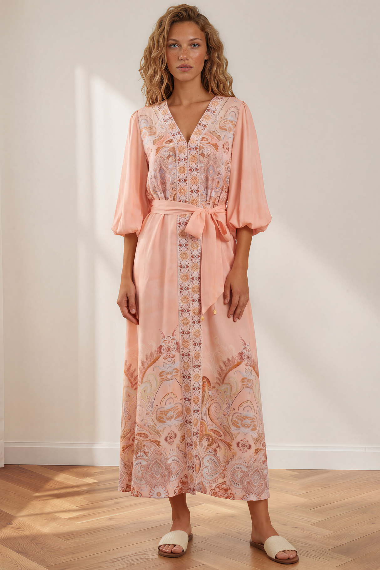 Abbey Maxi Dress - V Neck Long Sleeve Button Down with Pockets and Belt in Jolie Print