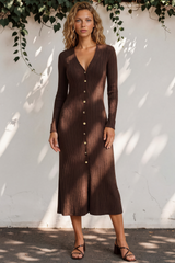 Alexander Knit Midi Dress - Ribbed Knit Dress with Long Fitted Sleeves in Chocolate