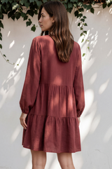 Leah Mini Dress - Soft V Neck Tiered Dress with Long Balloon Sleeves and Pockets in Rust