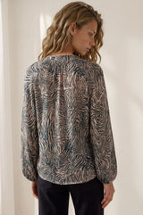 Sergio Blouse - Mandarin Collar Button Down Blouse with Balloon Sleeves in Zebresse Print