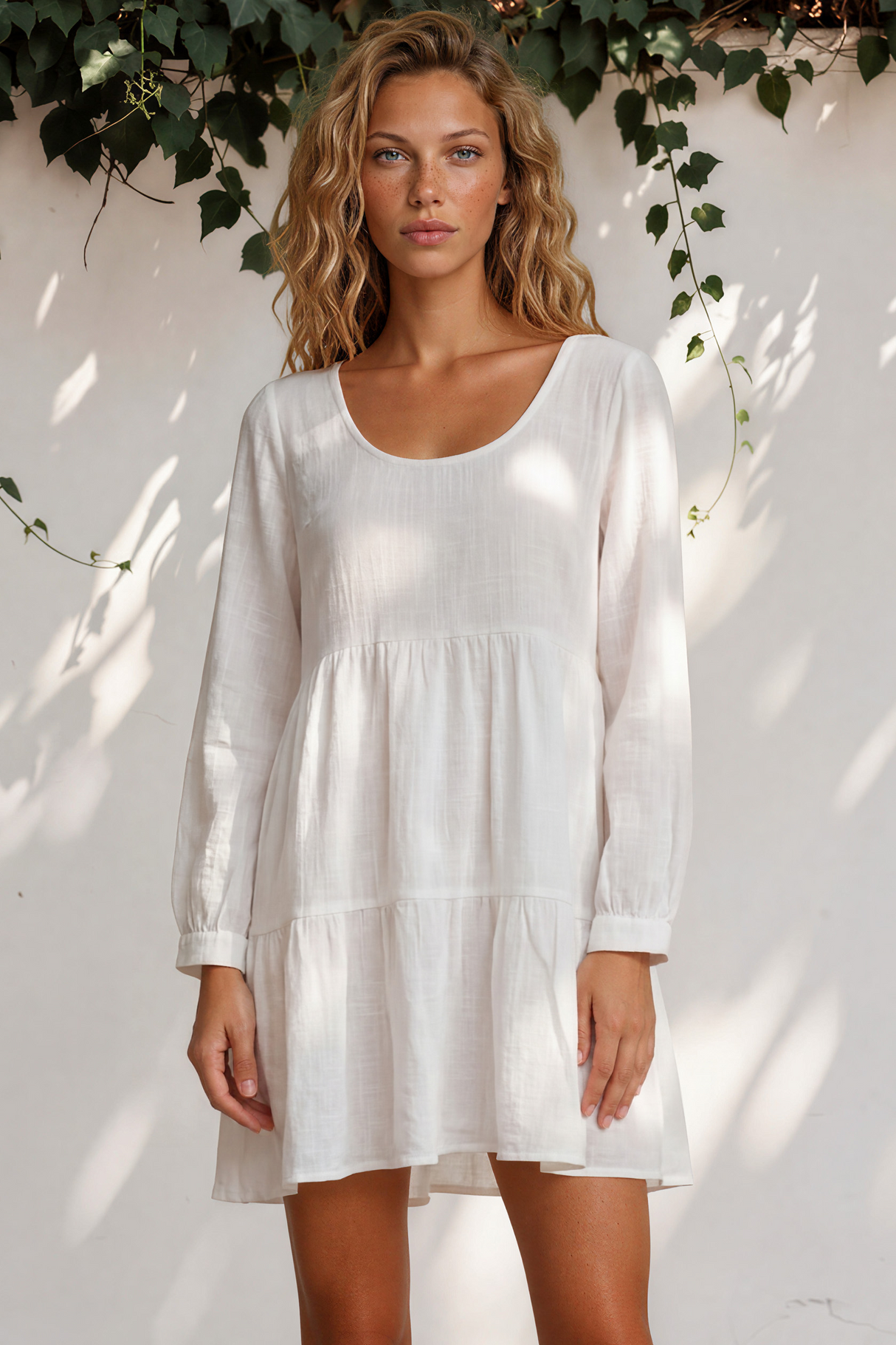 Perinni Mini Dress - Round Neckline Dress with long Sleeves in White