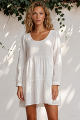 Perinni Mini Dress - Round Neckline Dress with long Sleeves in White