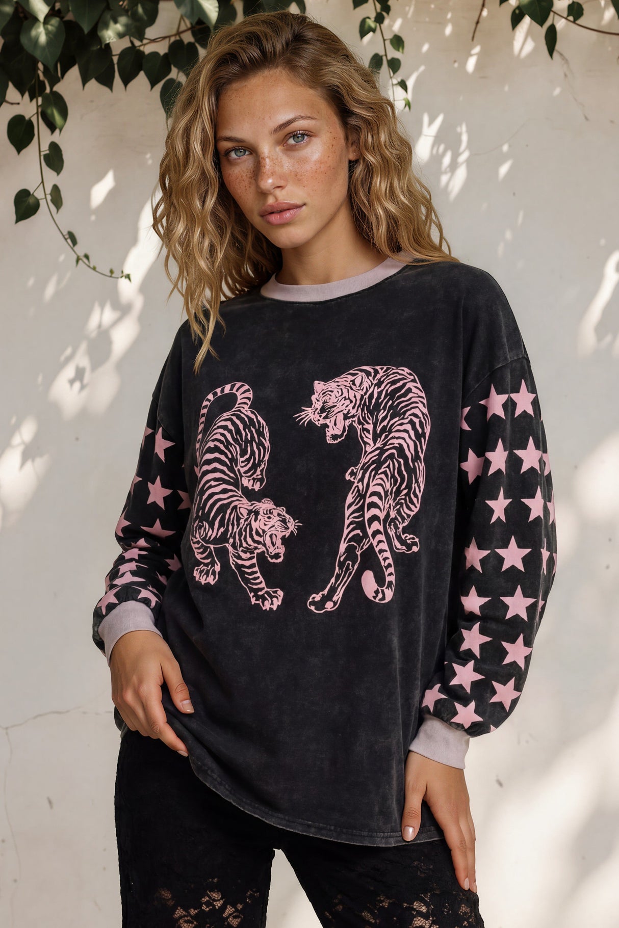Rival Tiger Long Sleeve Tee - Crew Neck Contrast Stripe Graphic T-Shirt in Black Acid Wash