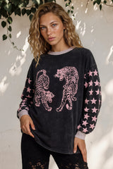 Rival Tiger Long Sleeve Tee - Crew Neck Contrast Stripe Graphic T-Shirt in Black Acid Wash