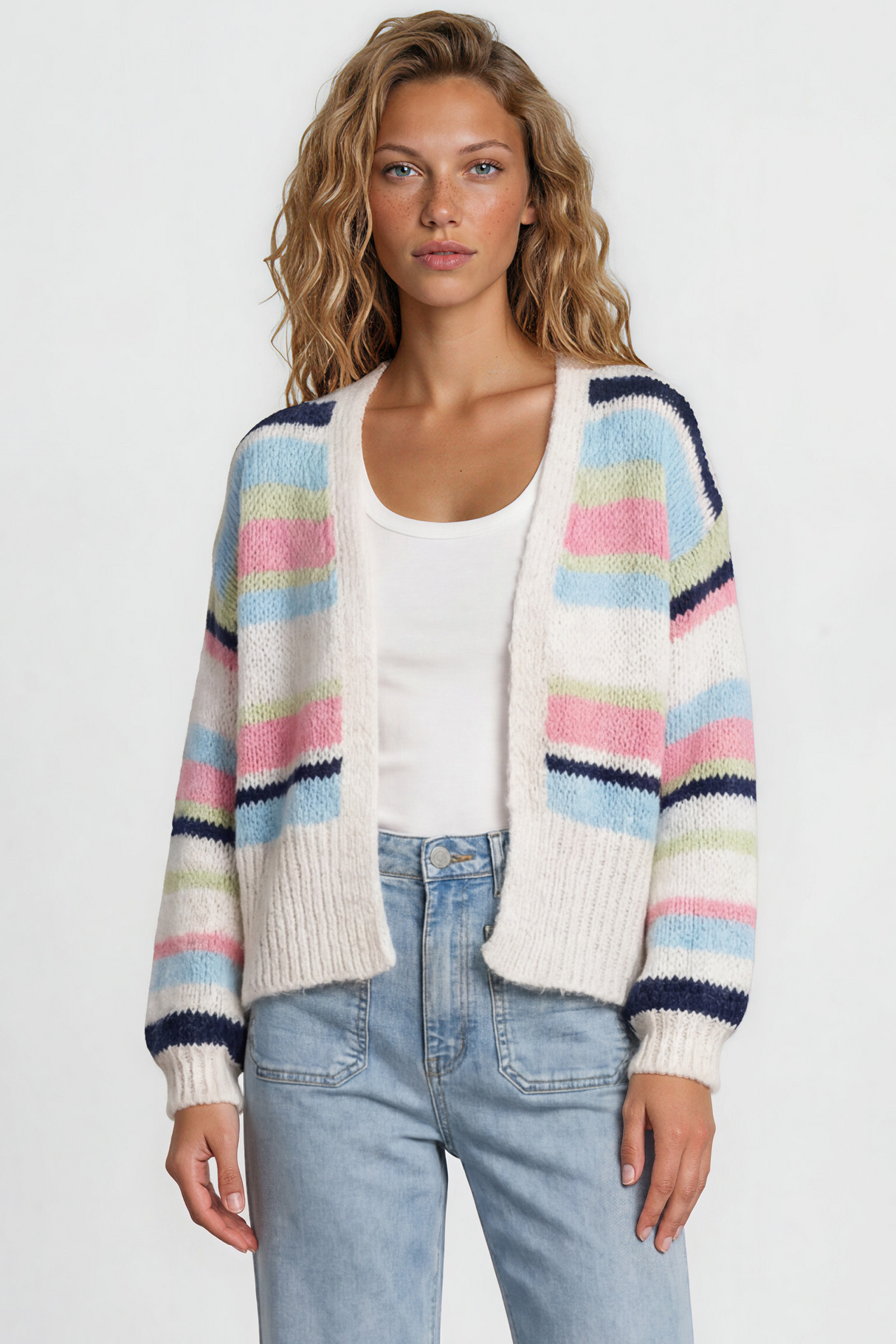 Soren Cardigan - Open Front Striped Knit with Rib Knit Trim in White/Blue