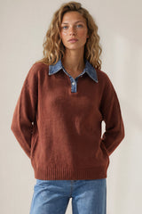 Maddie Jumper - Denim Wing Collar and Cuff Knit Pullover in Chocolate