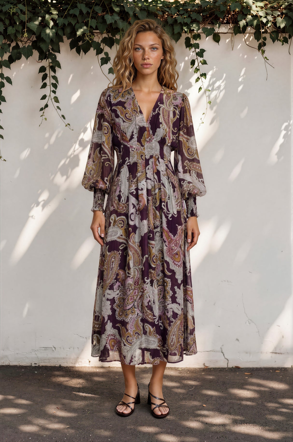 Vinia Maxi Dress - V Neckline Dress with Long Balloon Sleeves in Woodstock Print
