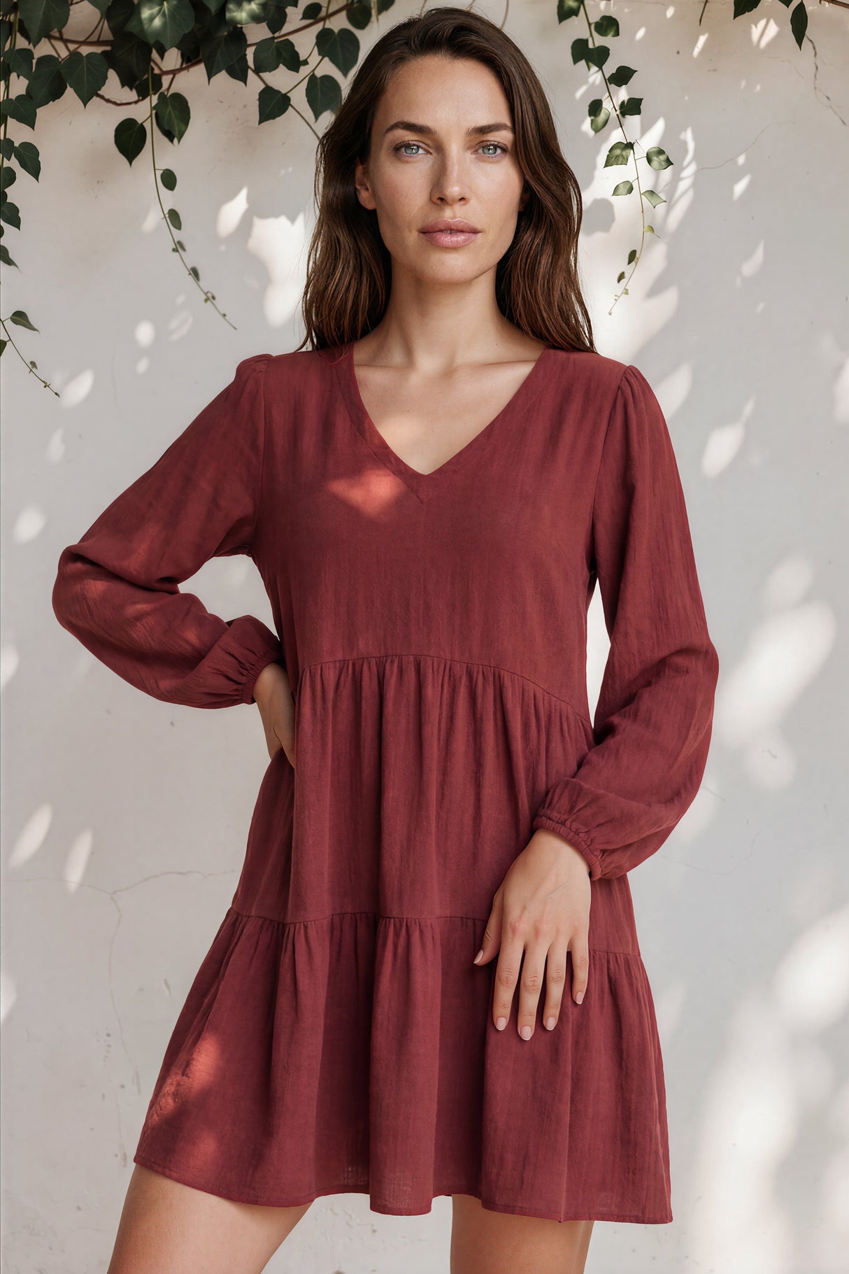 Leah Mini Dress - Soft V Neck Tiered Dress with Long Balloon Sleeves and Pockets in Rust