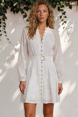 Camus Mini Dress - Embroidered Floral Dress with Long Sheer Sleeves in White