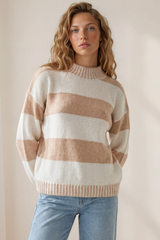 Janie Jumper - Mock Neck Striped Jumper with Contrast Stripe Hemlines in Cream