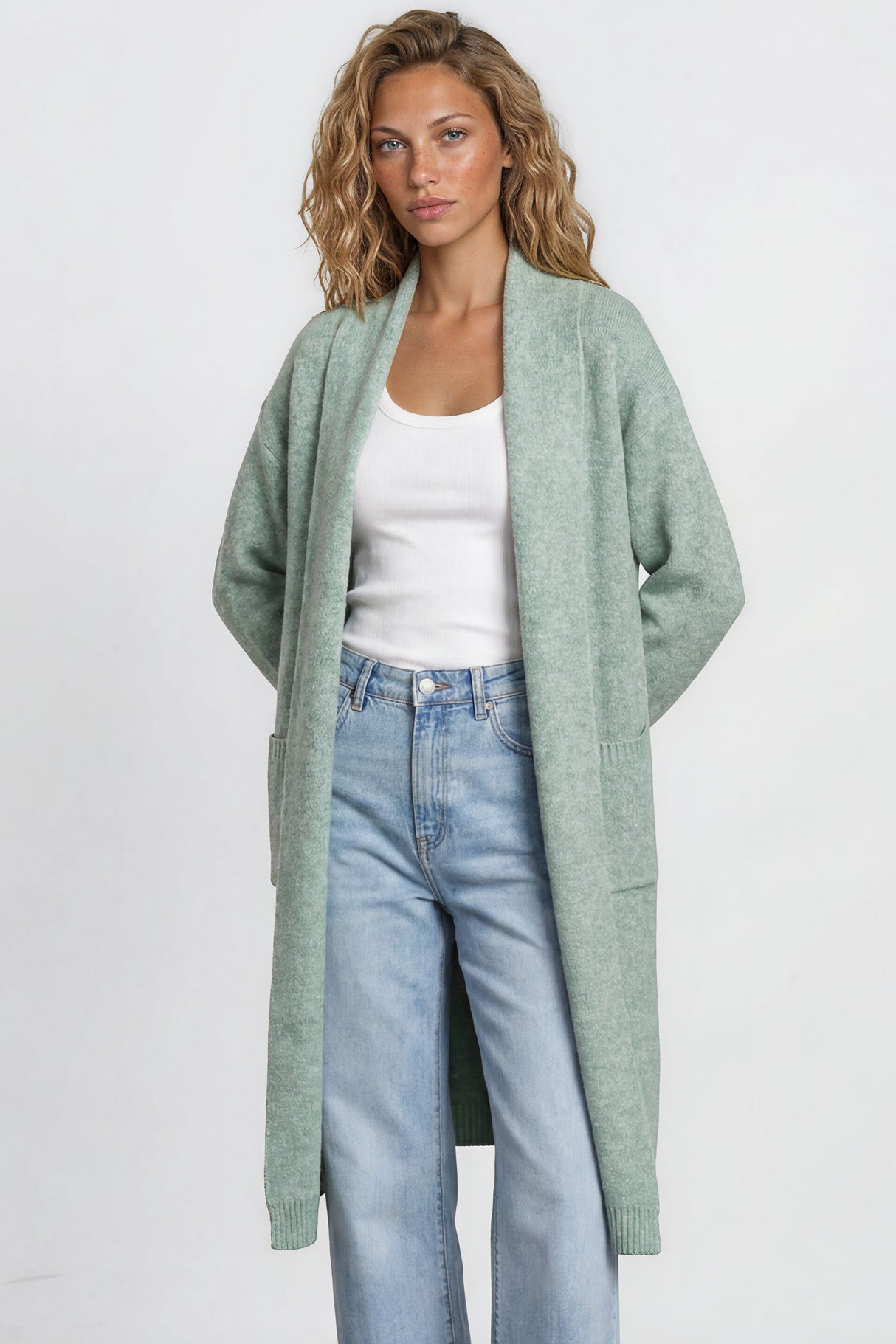 Crimson Cardigan - Ribbed Longline Knit with Long Sleeves Green