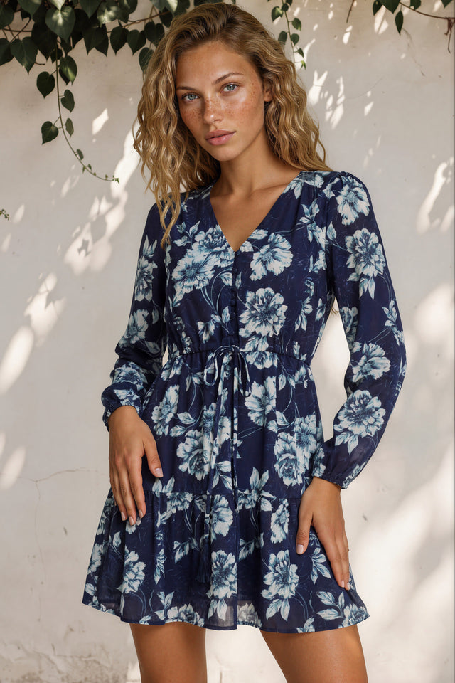 Model wearing Villia Mini Dress in Minka Print Navy from Salty Crush