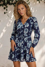 Model wearing Villia Mini Dress in Minka Print Navy from Salty Crush